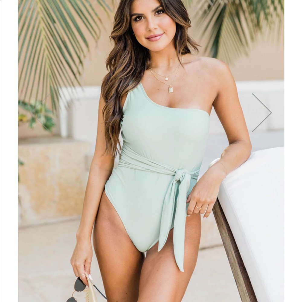 SAIL THE COAST ONE SHOULDER SAGE SWIMSUIT
